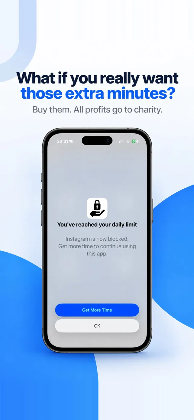 Instagram blocked by Lock4Good after reaching its daily limit, with a Get More Time button.