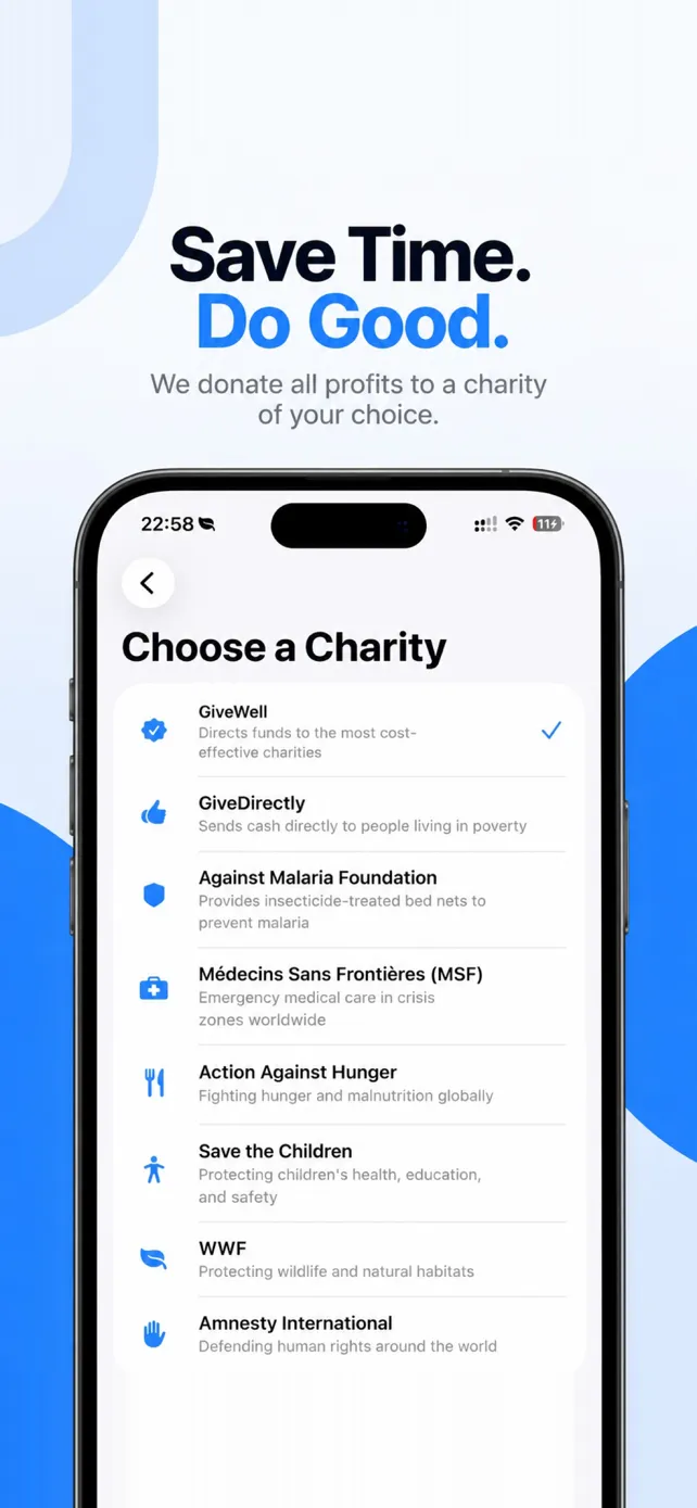 Lock4Good's charity picker with eight charities, GiveWell selected.