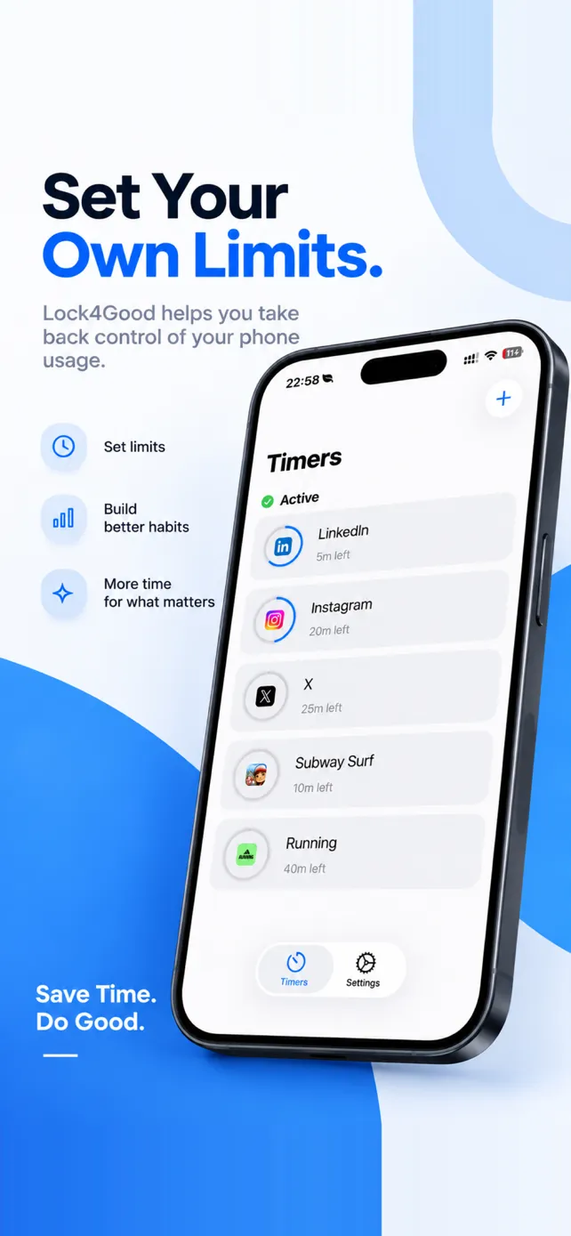 Lock4Good's Timers screen, listing apps with the minutes left today for each.